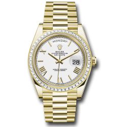  *Pre-Owned* Rolex Yellow Gold Day-Date 40 Watch - Baguette Diamond Bezel - White Bevelled Roman Dial - President Bracelet