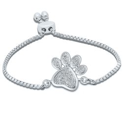 Front View Sterling Silver Diamond Puppy Paw Bracelet