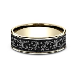 The Spur This 8mm comfort fit ring is made with Grey Tantalum and 14k yellow gold, featuring a barrel script design