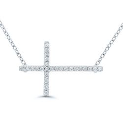 Sterling Silver .10tdw Diamonds Sideways Cross Necklace