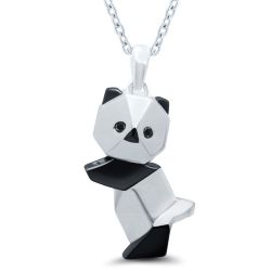 Silver Origami Panda Pendant .01ctw Black Diamond