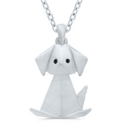 Big Silver Origami Dog Pendant .01ctw Black Diamond