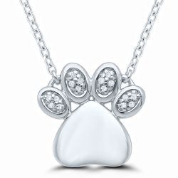 Front View Sterling Silver Diamond Puppy Paw Pendant with Chain