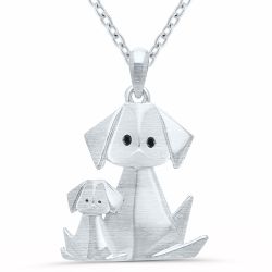 Silver Origami Dog and Puppy Pendant .01ctw Black Diamonds