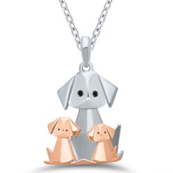 Silver Origami Dog with Two Puppies .10ctw Black Diamonds