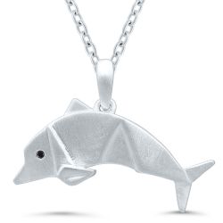 Silver Origami Dolphin Pendant .01ctw Black Diamond