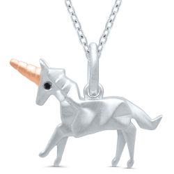 Miniature Silver Unicorn Pendant .01ctw Black Diamond