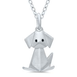 Miniature Silver Origami Dog Pendant .01ctw Black Diamond