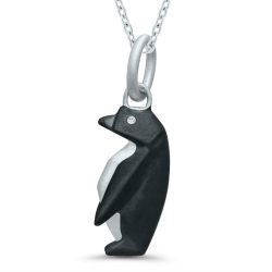 Silver Origami Penguin Pendant .01ctw