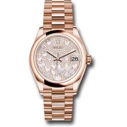  *Pre-Owned* Rolex Everose Gold Datejust 31 Watch - Domed Bezel - Diamond Paved Butterfly Dial - President Bracelet