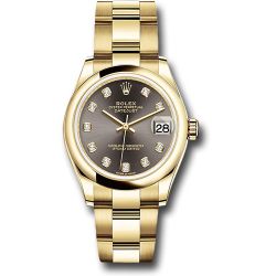  *Pre-Owned* Rolex Yellow Gold Datejust 31 Watch - Domed Bezel - Dark Grey Diamond Dial - Oyster Bracelet