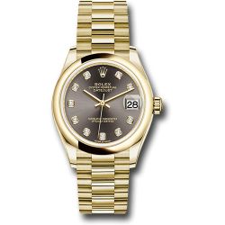 *Pre-Owned* Rolex Yellow Gold Datejust 31 Watch - Domed Bezel - Dark Grey Diamond Dial - President Bracelet
