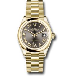  *Pre-Owned* Rolex Yellow Gold Datejust 31 Watch - Domed Bezel - Dark Grey Diamond Six Dial - President Bracelet