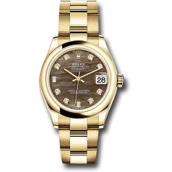  *Pre-Owned* Rolex Yellow Gold Datejust 31 Watch - Domed Bezel - Dark Mother-of-Pearl Diamond Dial - Oyster Bracelet