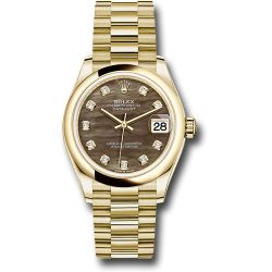  *Pre-Owned* Rolex Yellow Gold Datejust 31 Watch - Domed Bezel - Dark Mother-of-Pearl Diamond Dial - President Bracelet