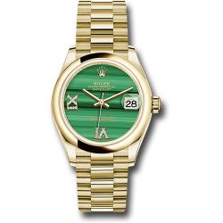  *Pre-Owned* Rolex Yellow Gold Datejust 31 Watch - Domed Bezel - Malachite Diamond Six and Nine Dial - President Bracelet
