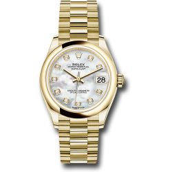  *Pre-Owned* Rolex Yellow Gold Datejust 31 Watch - Domed Bezel - Mother-of-Pearl Diamond Dial - President Bracelet