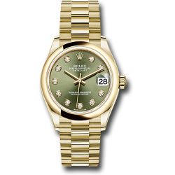  *Pre-Owned* Rolex Yellow Gold Datejust 31 Watch - Domed Bezel - Olive Green Diamond Dial - President Bracelet