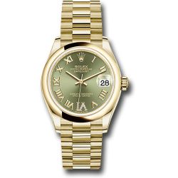  *Pre-Owned* Rolex Yellow Gold Datejust 31 Watch - Domed Bezel - Olive Green Diamond Six Dial - President Bracelet