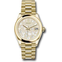   *Pre-Owned* Rolex Yellow Gold Datejust 31 Watch - Domed Bezel - Paved Mother-of-Pearl Butterfly Dial - President Bracelet