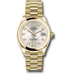   *Pre-Owned* Rolex Yellow Gold Datejust 31 Watch - Domed Bezel - Silver Diamond Dial - President Bracelet