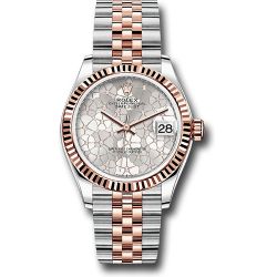  *Pre-Owned* Rolex Everose Rolesor Datejust 31 Watch - Fluted Bezel - Silver Floral Motif Diamond Dial - Jubilee Bracelet