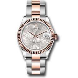  *Pre-Owned* Rolex Everose Rolesor Datejust 31 Watch - Fluted Bezel - Silver Floral Motif Diamond Dial - Oyster Bracelet