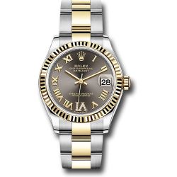  *Pre-Owned* Rolex Steel and Yellow Gold Datejust 31 Watch - Fluted Bezel - Dark Grey Diamond Roman Six Dial - Oyster Bracelet