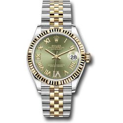  *Pre-Owned* Rolex Steel and Yellow Gold Datejust 31 Watch - Fluted Bezel - Olive Green Diamond Roman Six Dial - Jubilee Bracelet