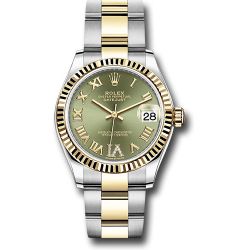  *Pre-Owned* Rolex Steel and Yellow Gold Datejust 31 Watch - Fluted Bezel - Olive Green Diamond Roman Six Dial - Oyster Bracelet