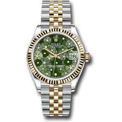  *Pre-Owned* Rolex Yellow Rolesor Datejust 31 Watch - Fluted Bezel - Olive Green Floral Motif Diamond 6 Dial - Jubilee Bracelet