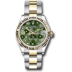  *Pre-Owned* Rolex Yellow Rolesor Datejust 31 Watch - Fluted Bezel - Olive Green Floral Motif Diamond 6 Dial - Oyster Bracelet