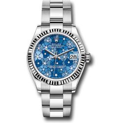  *Pre-Owned* Rolex White Rolesor Datejust 31 Watch - Fluted Bezel - Azzurro Blue Floral Motif Diamond Dial - Oyster Bracelet