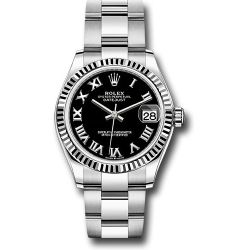  *Pre-Owned* Rolex Steel and White Gold Datejust 31 Watch - Fluted Bezel - Black Roman Dial - Oyster Bracelet