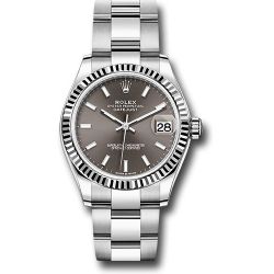  *Pre-Owned* Rolex Steel and White Gold Datejust 31 Watch - Fluted Bezel - Dark Grey Index Dial - Oyster Bracelet