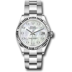  *Pre-Owned* Rolex Steel and White Gold Datejust 31 Watch - Fluted Bezel - White Mother-Of-Pearl Diamond Dial - Oyster Bracelet