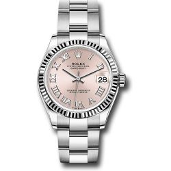  *Pre-Owned* Rolex Steel and White Gold Datejust 31 Watch - Fluted Bezel - Pink Roman Dial - Oyster Bracelet