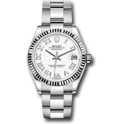  *Pre-Owned* Rolex Steel and White Gold Datejust 31 Watch - Fluted Bezel - White Roman Dial - Oyster Bracelet