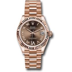  *Pre-Owned* Rolex Everose Gold Datejust 31 Watch - Fluted Bezel - Chocolate Diamond Six Dial - President Bracelet