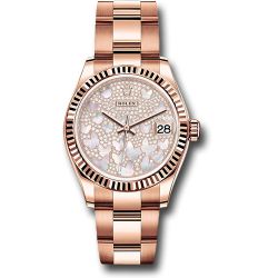  *Pre-Owned* Rolex Everose Gold Datejust 31 Watch - Fluted Bezel - Diamond Paved Butterfly Dial - Oyster Bracelet