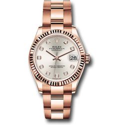  *Pre-Owned* Rolex Everose Gold Datejust 31 Watch - Fluted Bezel - Silver Diamond Dial - Oyster Bracelet