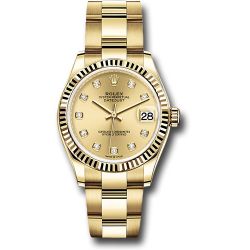  *Pre-Owned* Rolex Yellow Gold Datejust 31 Watch - Fluted Bezel - Champagne Diamond Dial - Oyster Bracelet