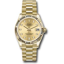  *Pre-Owned* Rolex Yellow Gold Datejust 31 Watch - Fluted Bezel - Champagne Diamond Dial - President Bracelet