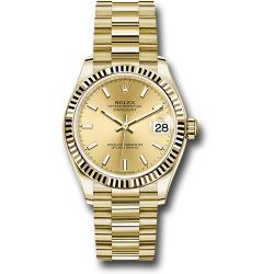  *Pre-Owned* Rolex Yellow Gold Datejust 31 Watch - Fluted Bezel - Champagne Index Dial - President Bracelet