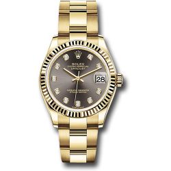  *Pre-Owned* Rolex Yellow Gold Datejust 31 Watch - Fluted Bezel - Dark Grey Diamond Dial - Oyster Bracelet