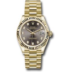  *Pre-Owned* Rolex Yellow Gold Datejust 31 Watch - Fluted Bezel - Dark Grey Diamond Dial - President Bracelet