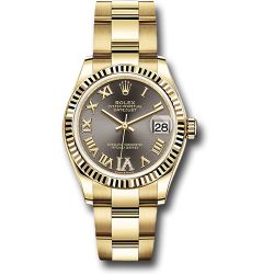  *Pre-Owned* Rolex Yellow Gold Datejust 31 Watch - Fluted Bezel - Dark Grey Diamond Six Dial - Oyster Bracelet