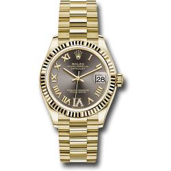  *Pre-Owned* Rolex Yellow Gold Datejust 31 Watch - Fluted Bezel - Dark Grey Diamond Six Dial - President Bracelet