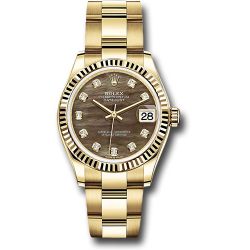  *Pre-Owned* Rolex Yellow Gold Datejust 31 Watch - Fluted Bezel - Dark Mother-of-Pearl Diamond Dial - Oyster Bracelet