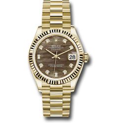  *Pre-Owned* Rolex Yellow Gold Datejust 31 Watch - Fluted Bezel - Dark Mother-of-Pearl Diamond Dial - President Bracelet